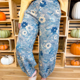 POL Vintage Wash Floral Printed Twill Pants - Navy Multi - Lace and Grace Boutique
