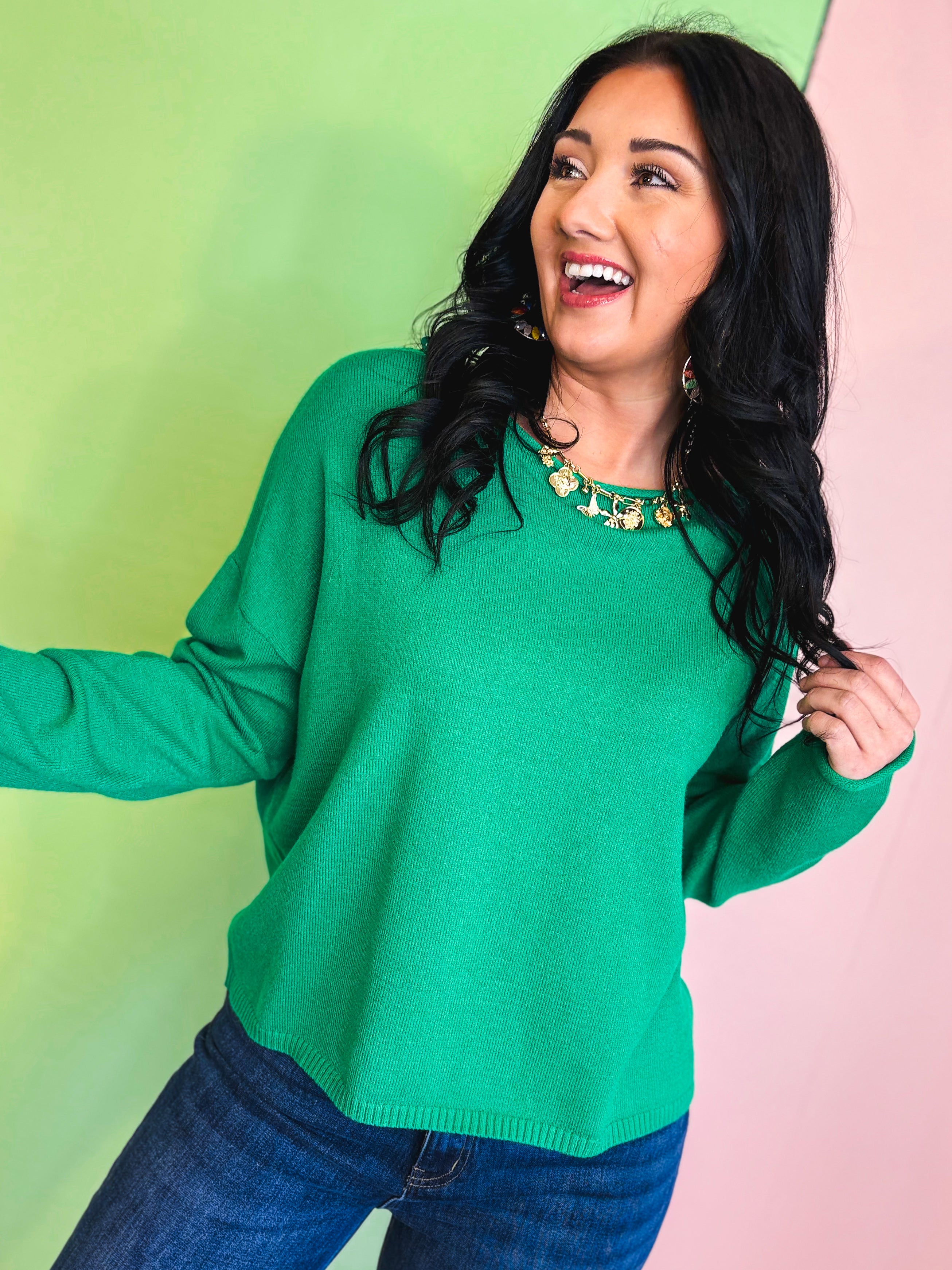 Lightweight Boat Neck Sweater - Green - Lace and Grace Boutique