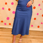 Polka Dot Silky Satin Midi Skirt - Navy/Ivory - Lace and Grace Boutique