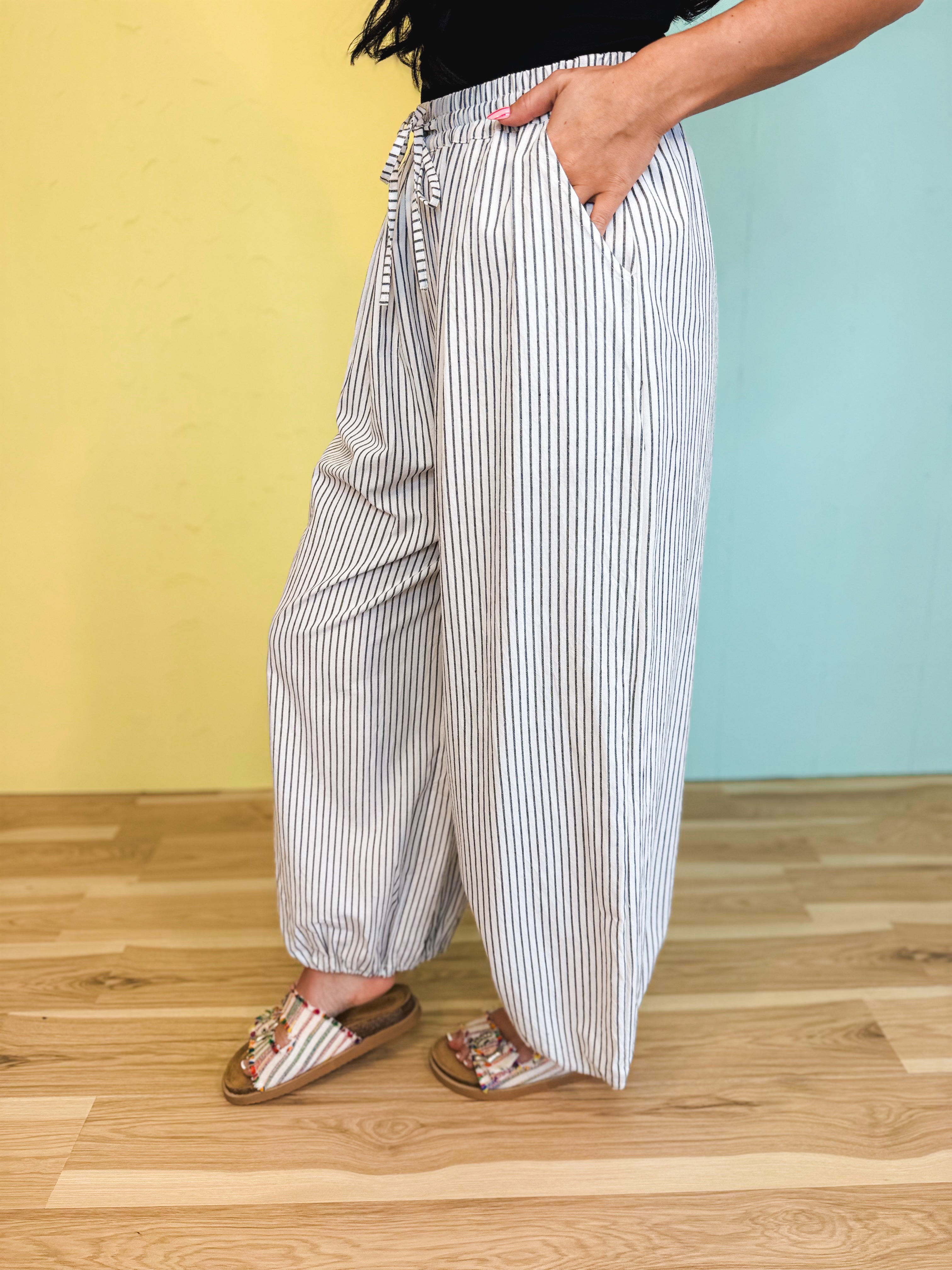 Striped Balloon Wide Leg Pants - White/Black - Lace and Grace Boutique