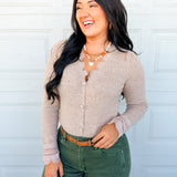 Delicate Lace Trim Button Up Sweater Cardigan - Latte