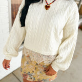 Cable Knit Lace Trim Detail Crewneck Sweater - Cream