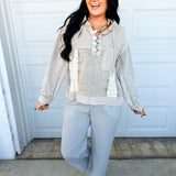 POL Patchwork Henley Button Hoodie - Dusty Chocolate