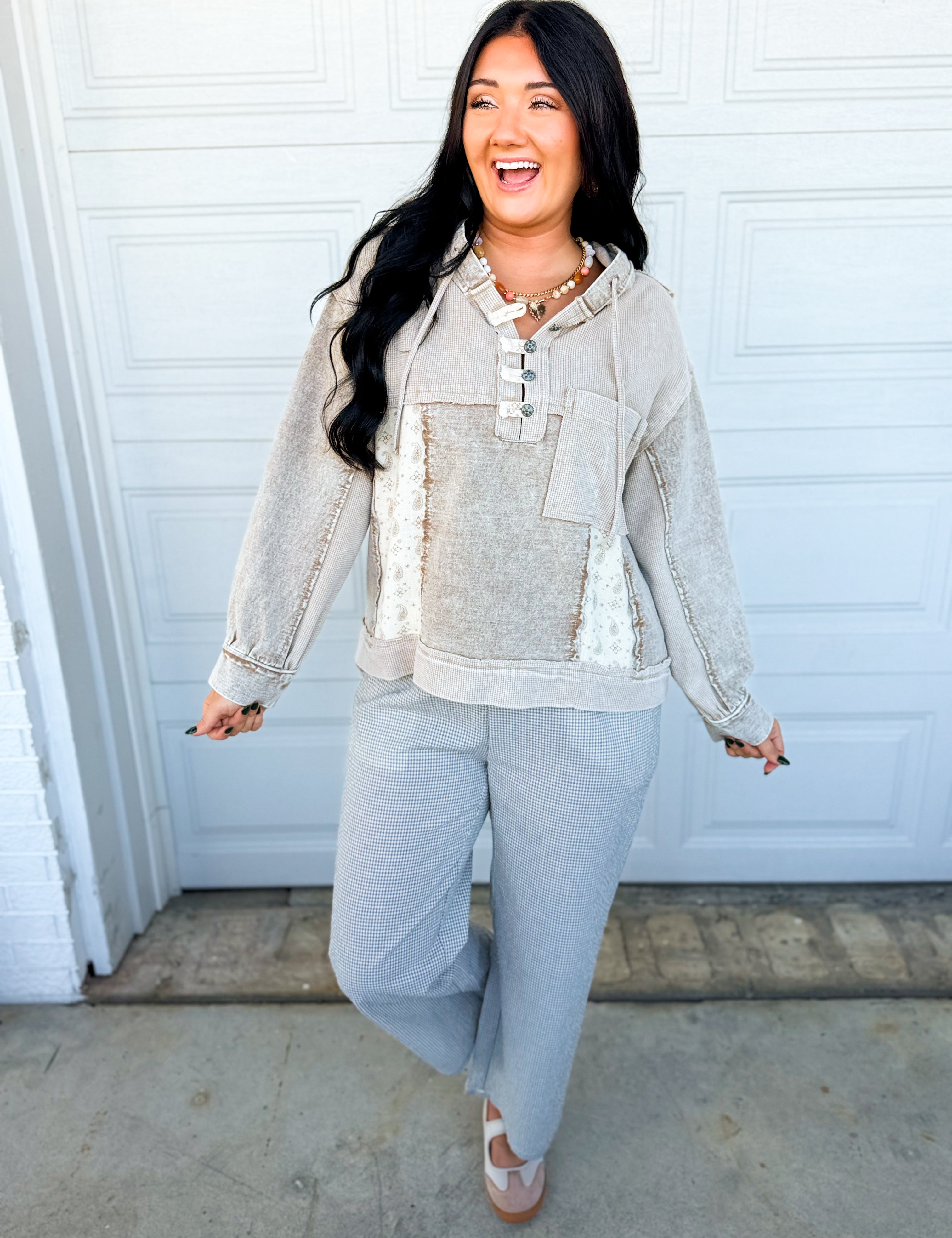 POL Patchwork Henley Button Hoodie - Dusty Chocolate - Lace and Grace Boutique
