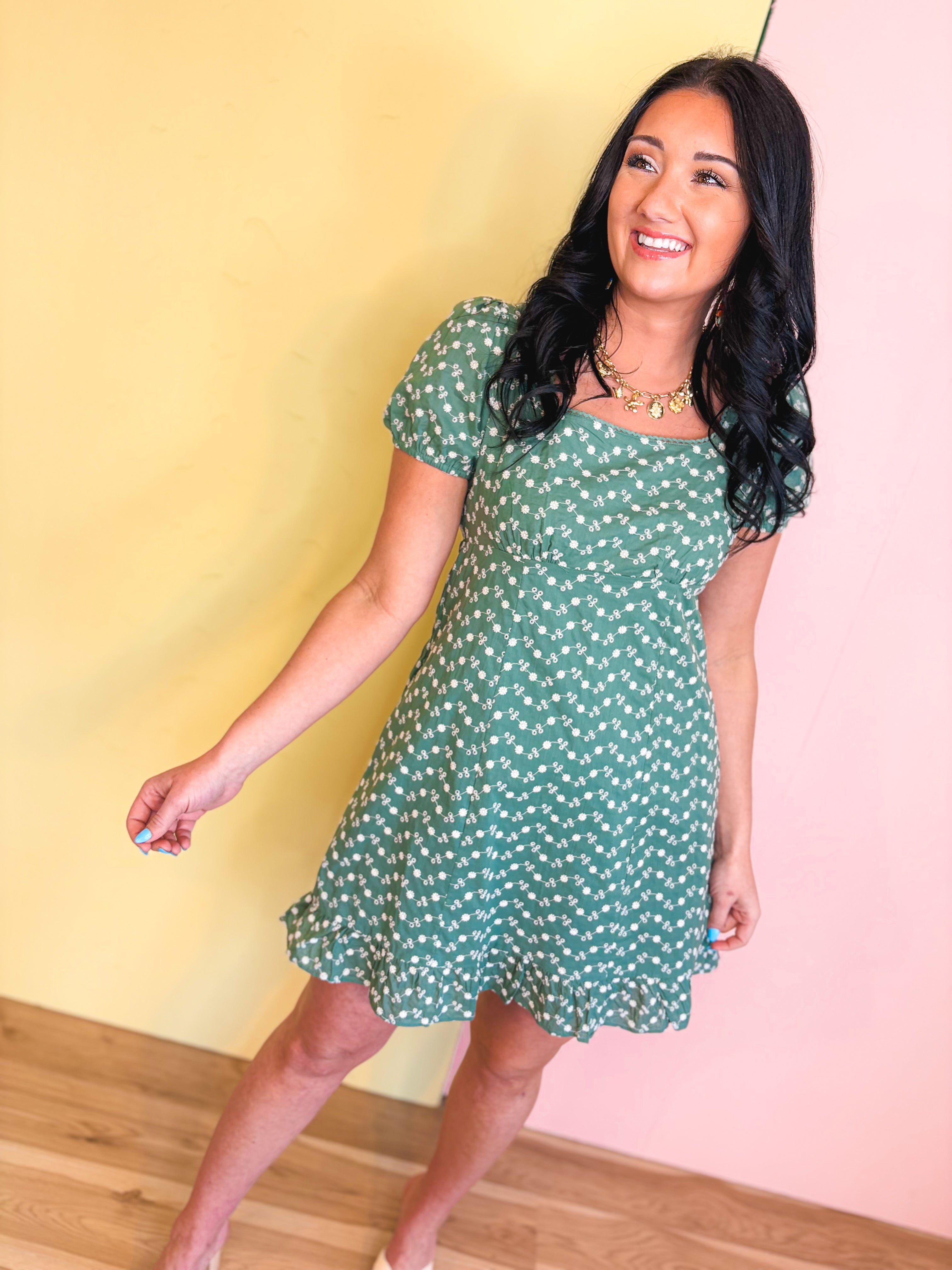 Embroidered Babydoll Mini Dress - Eucalyptus - Lace and Grace Boutique