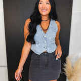 Star Printed Button Front Denim Vest - Denim Blue - Lace and Grace Boutique