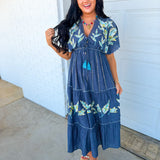 POL Floral Embroidered Chambray Maxi Dress — Denim Blue