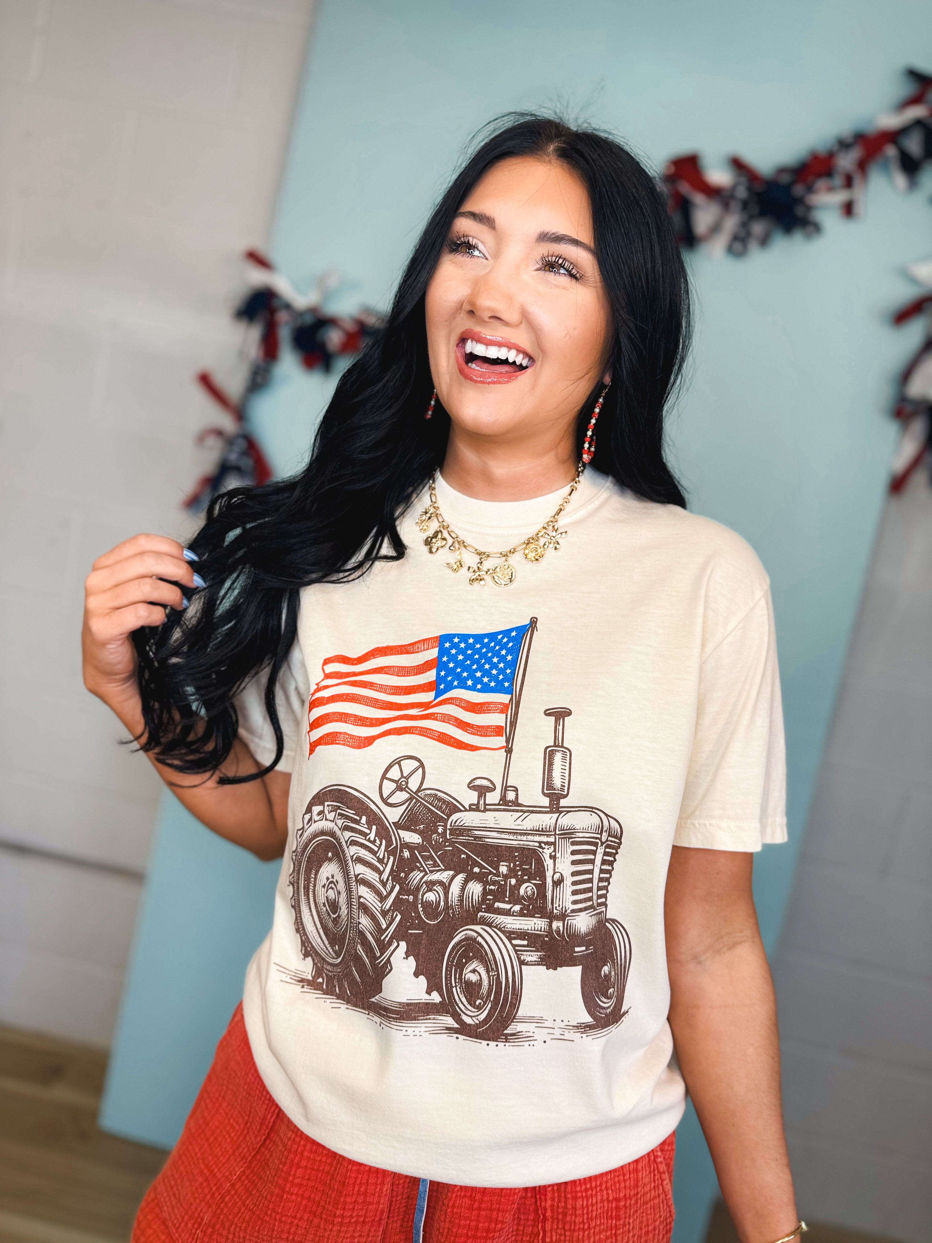 American Flag Tractor Graphic Tee - Ivory - Lace and Grace Boutique