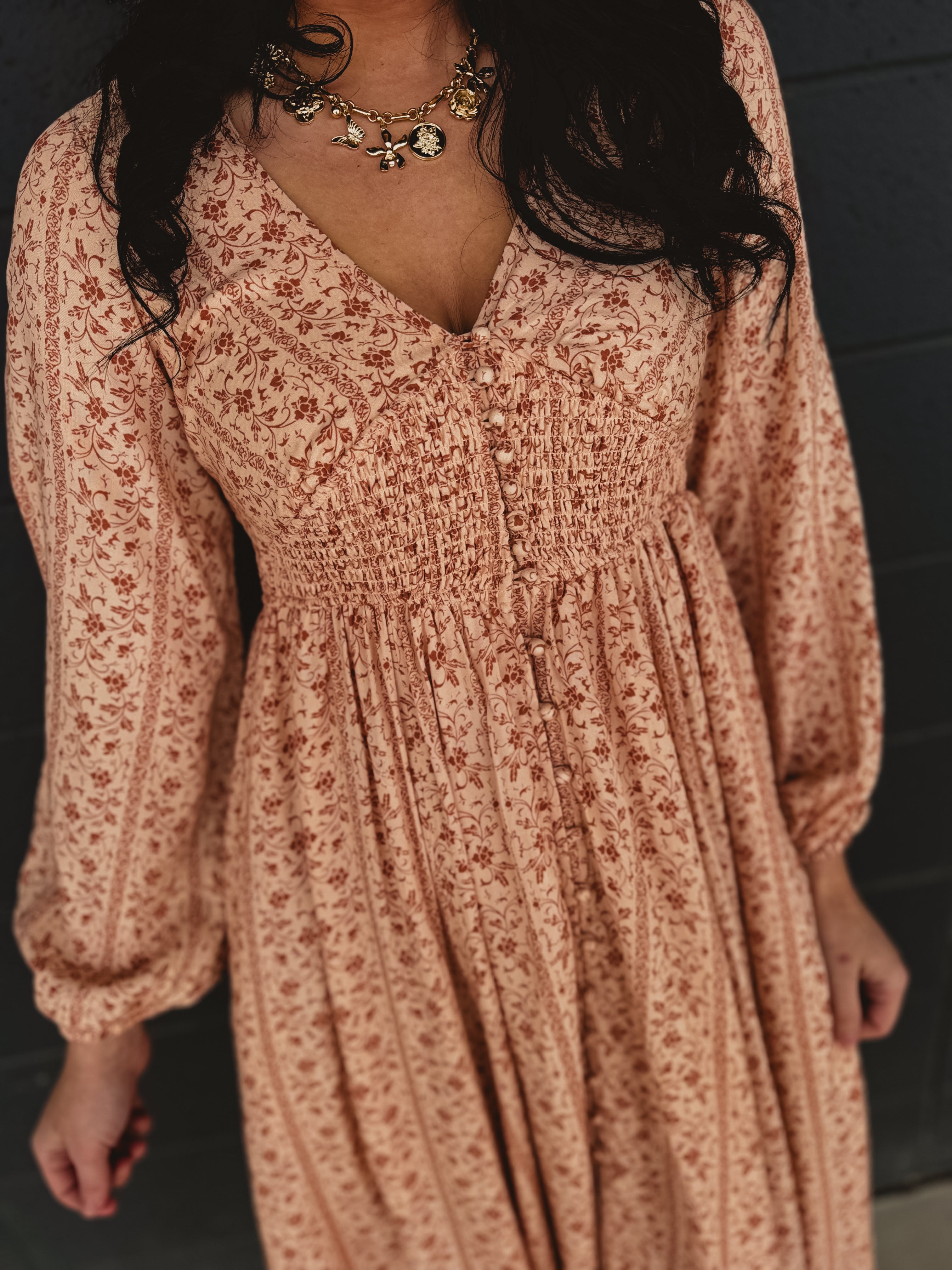 Smocked Button Down Long Sleeve Maxi Dress - Clay - Lace and Grace Boutique