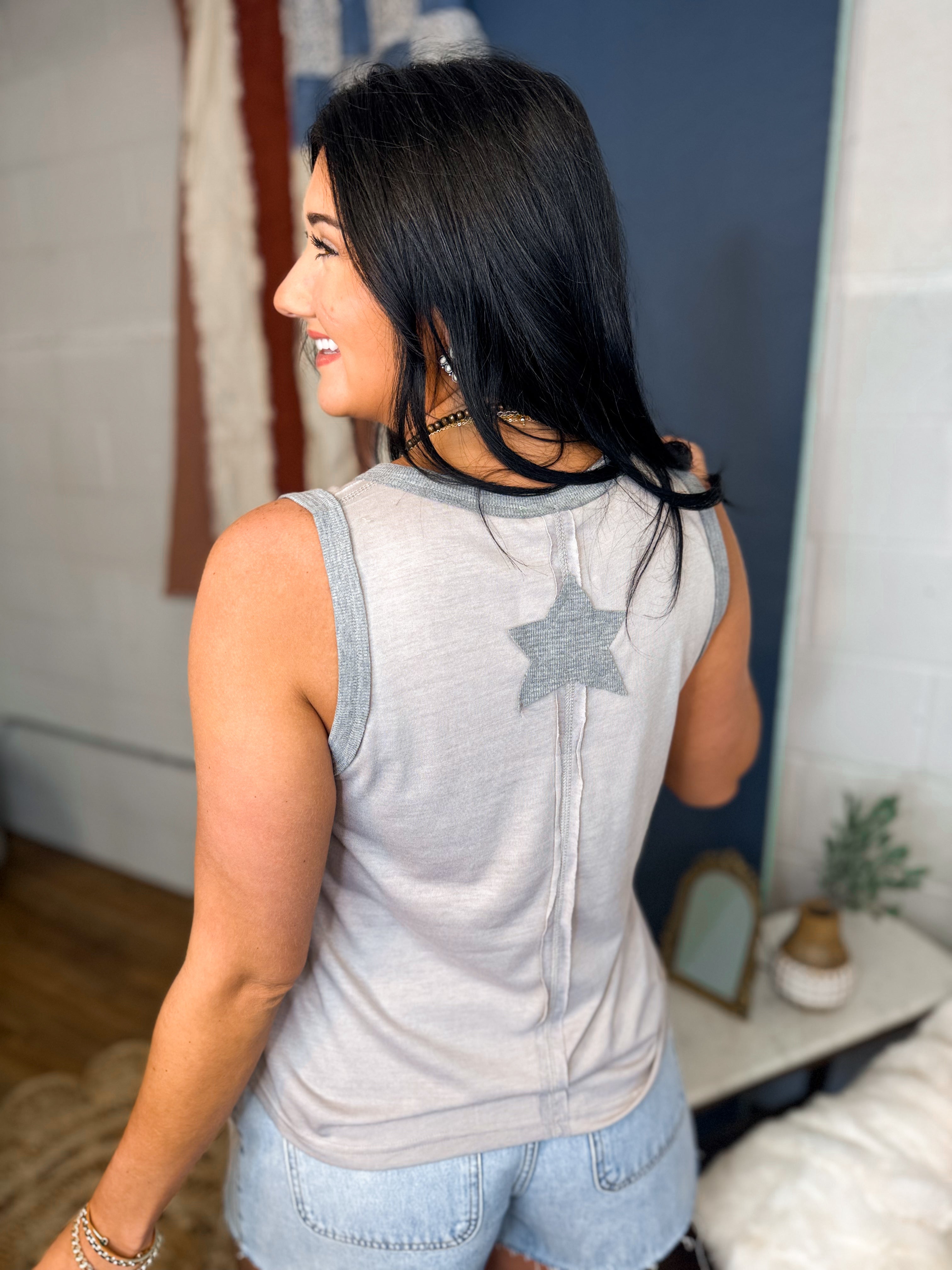 POL Star Patches V-Neck Tank Top - Pearl Grey - Lace and Grace Boutique