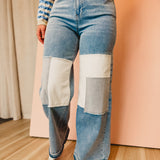 Comfort Stretch Patchwork Wide Leg Jeans - Medium