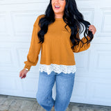 Lace Trim Thermal Knit Top - Sepia