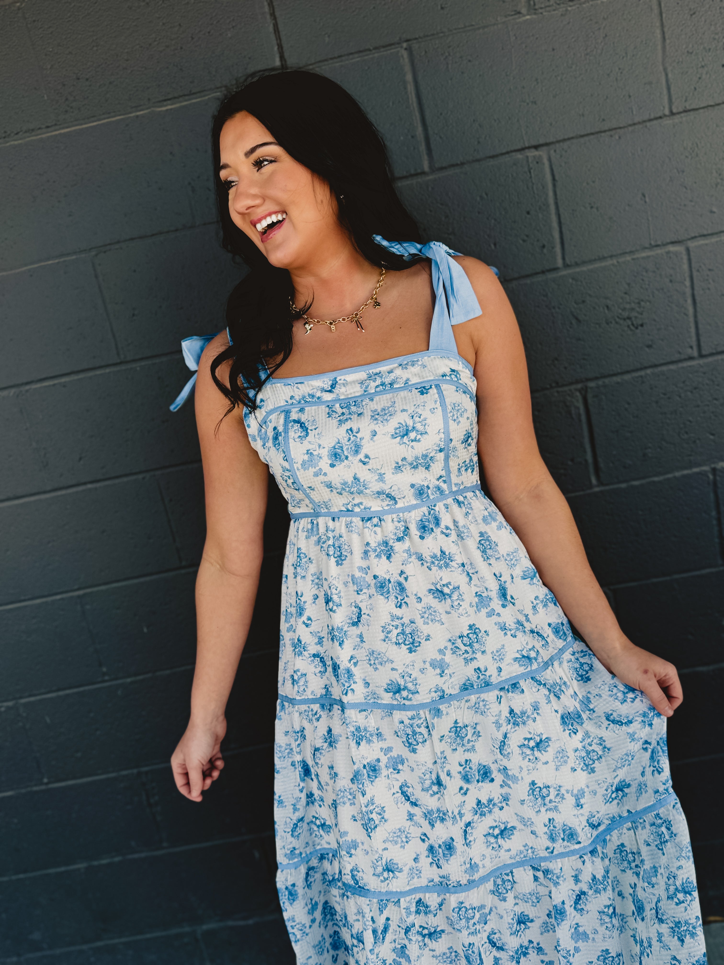 Floral Print Contrast Detail Midi Dress - Light Blue - Lace and Grace Boutique