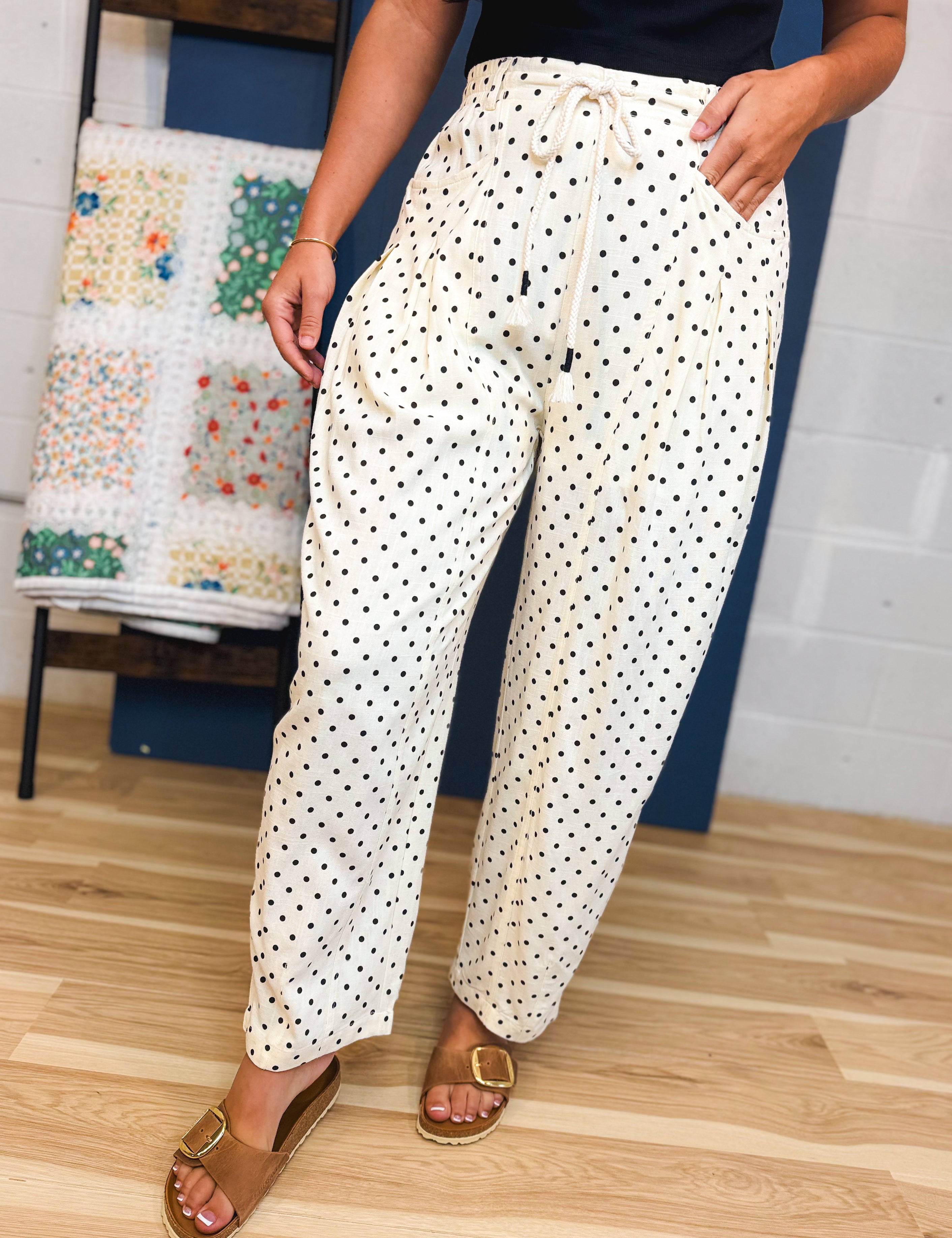 Linen Blend Polka Dot Barrel Leg Pants - Cream - Lace and Grace Boutique