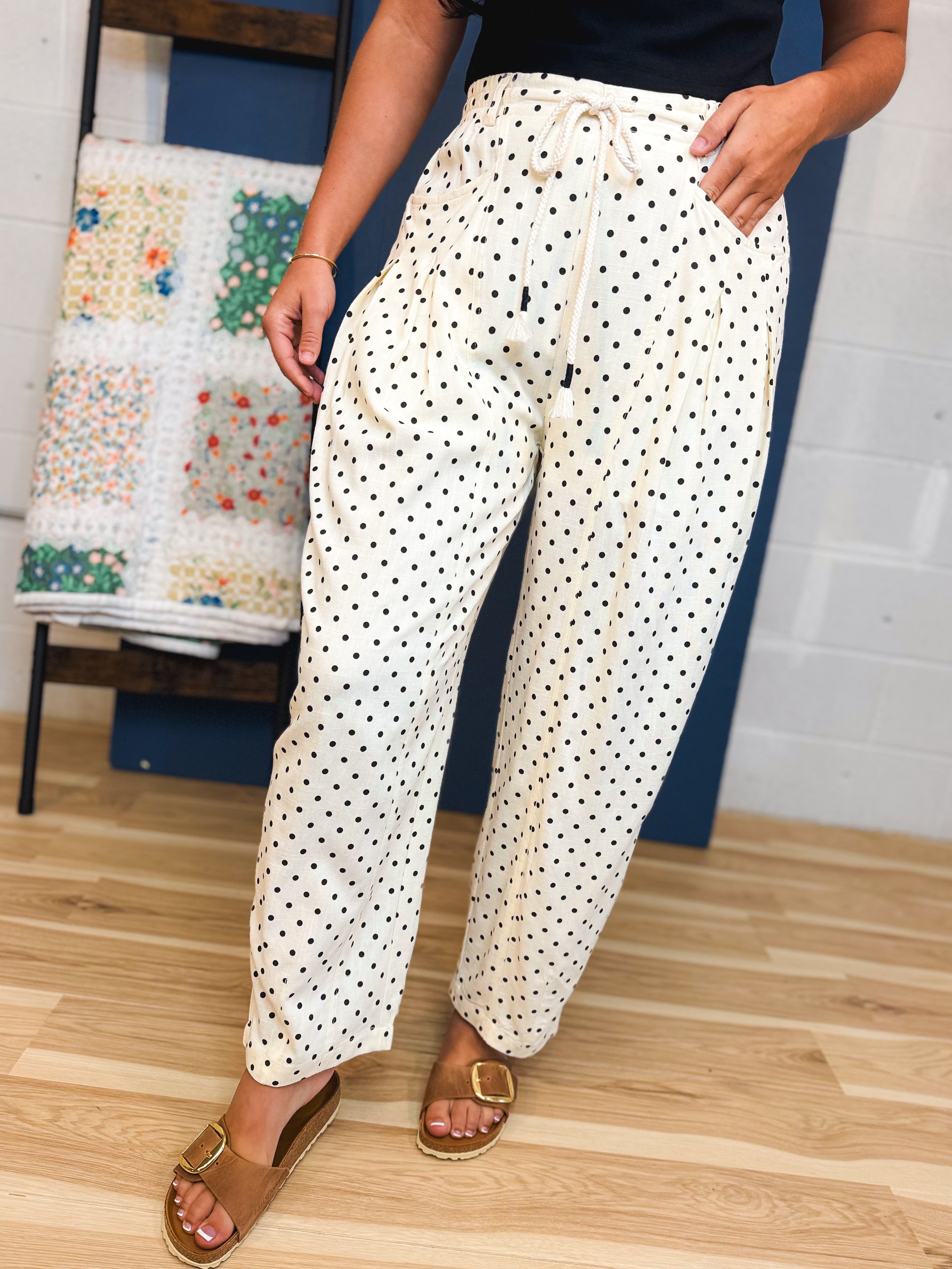 Linen Blend Polka Dot Barrel Leg Pants - Cream - Lace and Grace Boutique