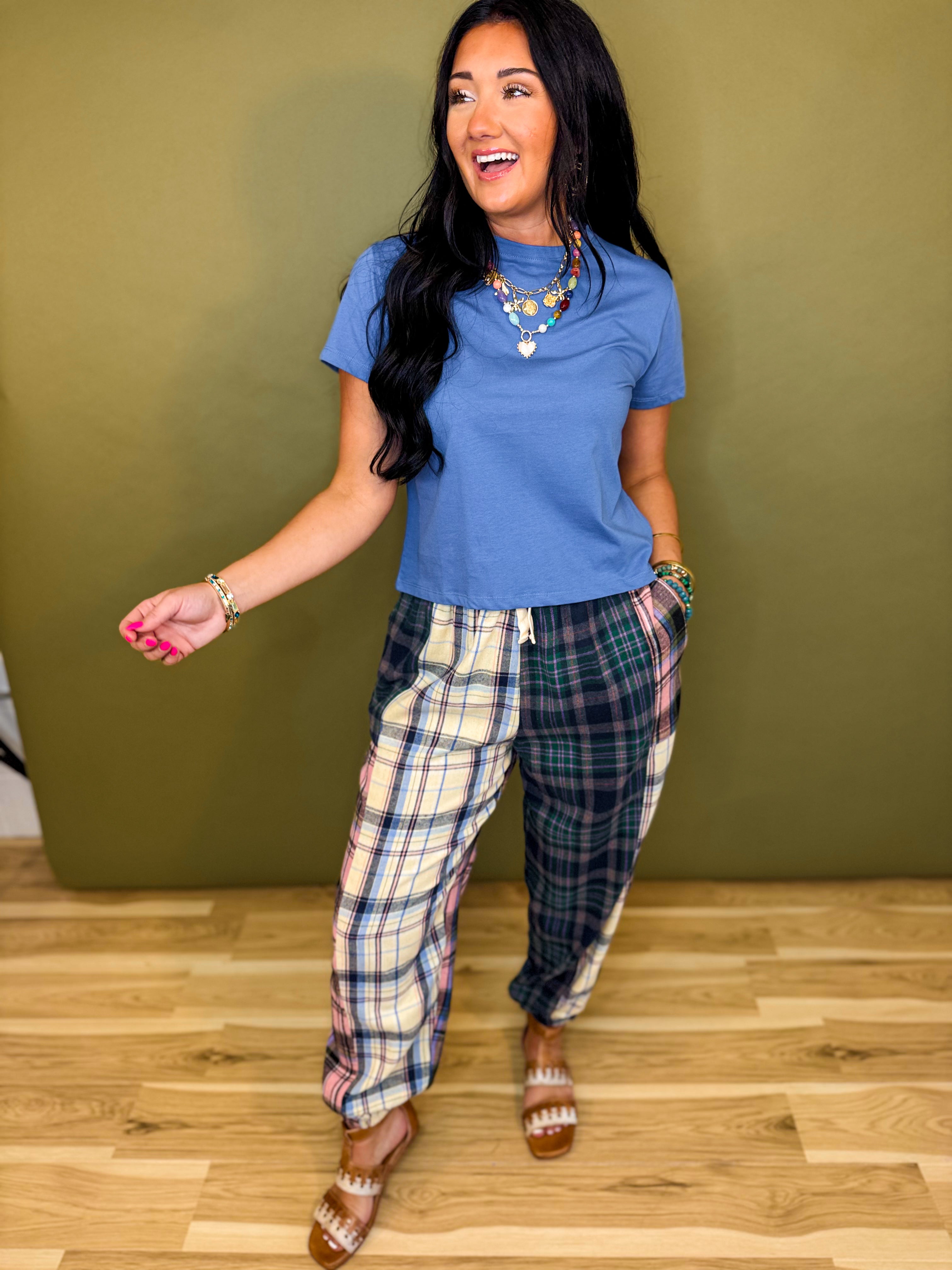 Mixed Plaid Drawstring Pants - Green Multi - Lace and Grace Boutique