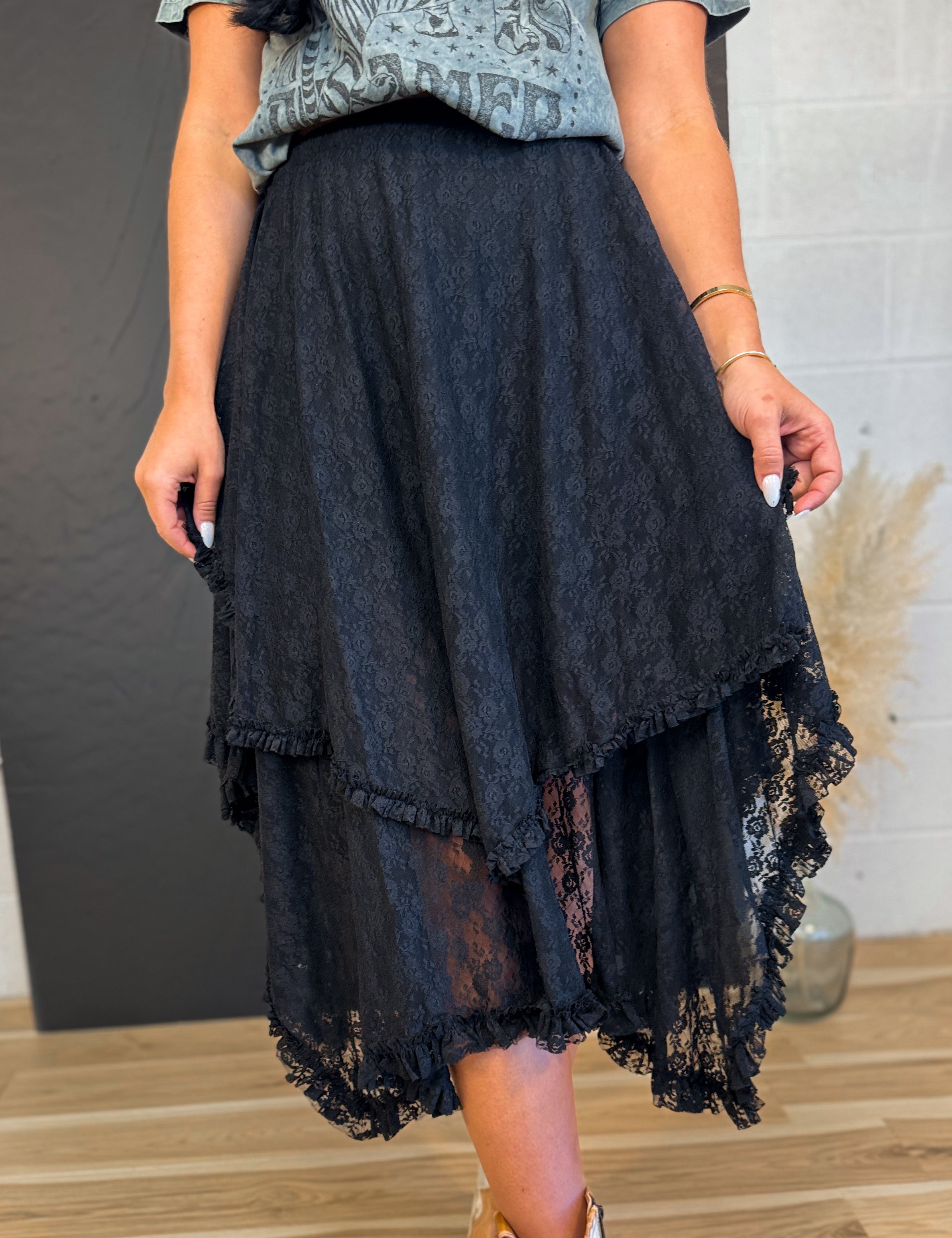 Lace Tier Midi Skirt - Black - Lace and Grace Boutique