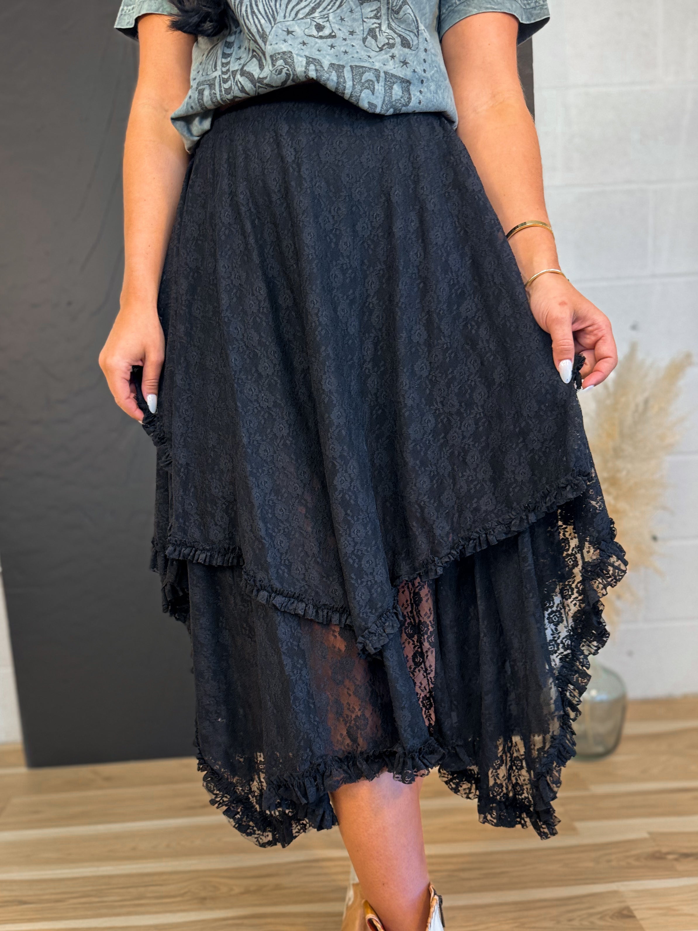 Lace Tier Midi Skirt - Black - Lace and Grace Boutique