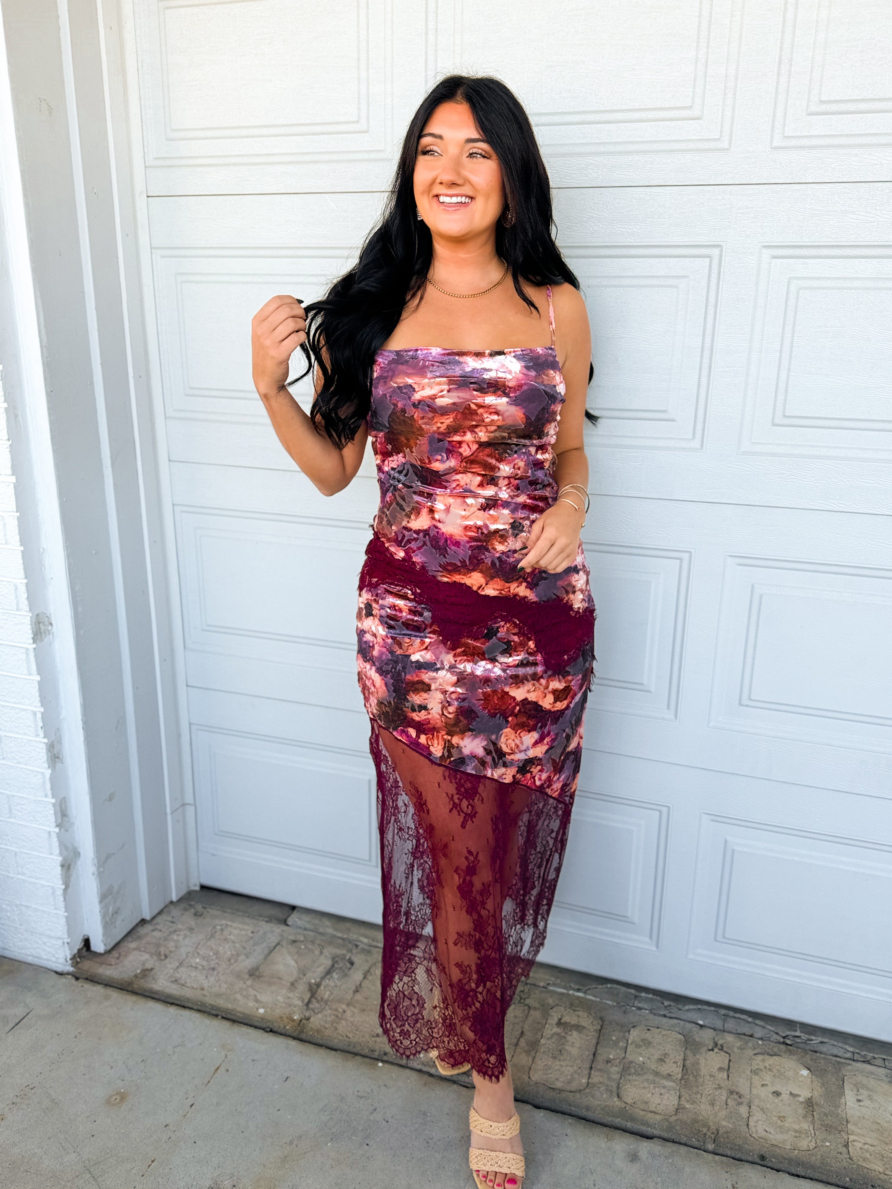 Floral Velvet Lace Trim Maxi Dress - Plum - Lace and Grace Boutique