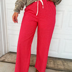 Check Print High Rise Drawstring Pants - Red Multi - Lace and Grace Boutique