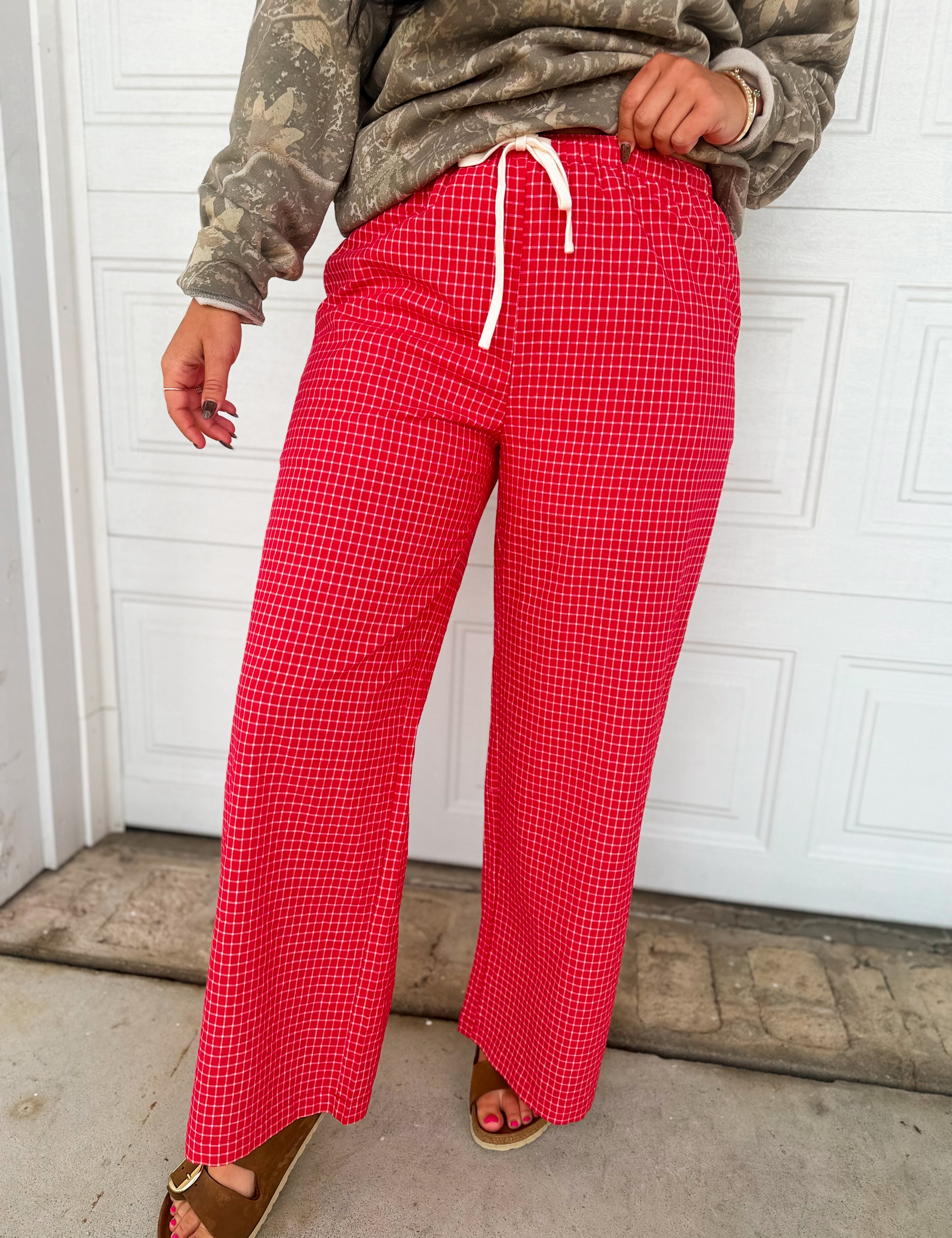 Check Print High Rise Drawstring Pants - Red Multi - Lace and Grace Boutique