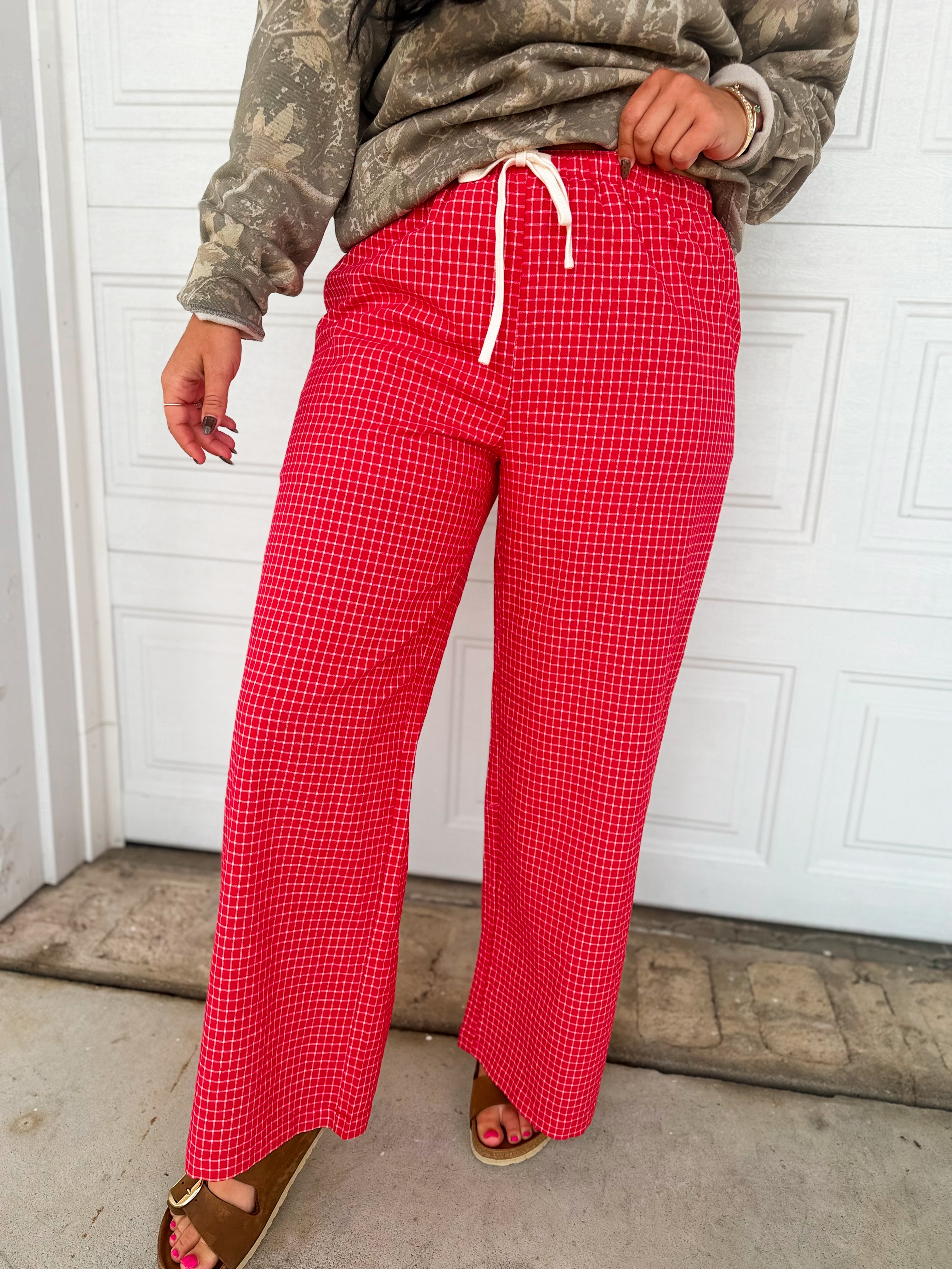 Check Print High Rise Drawstring Pants - Red Multi - Lace and Grace Boutique