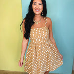 Polka Dot Pleated Mini Dress - Mocha - Lace and Grace Boutique