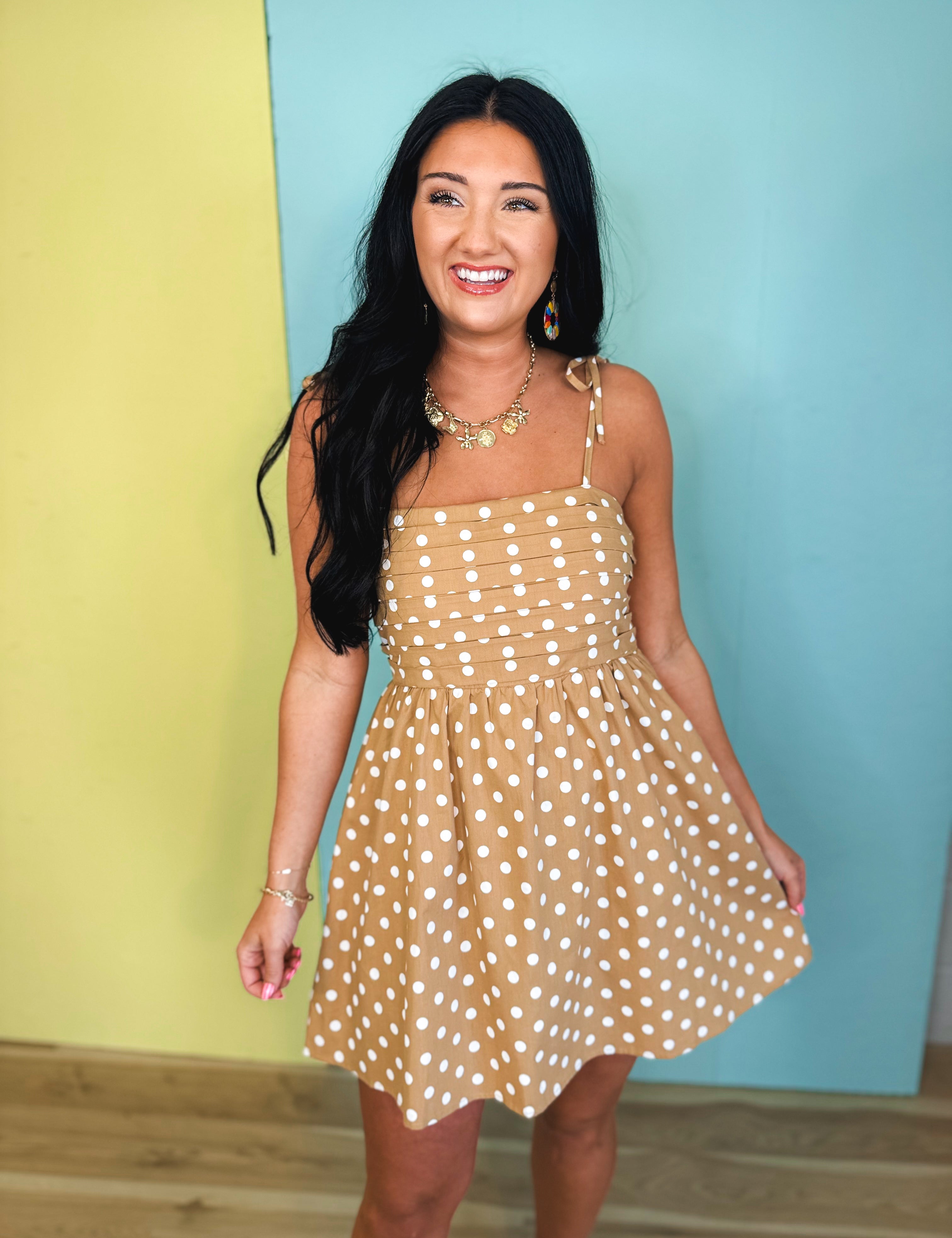 Polka Dot Pleated Mini Dress - Mocha - Lace and Grace Boutique