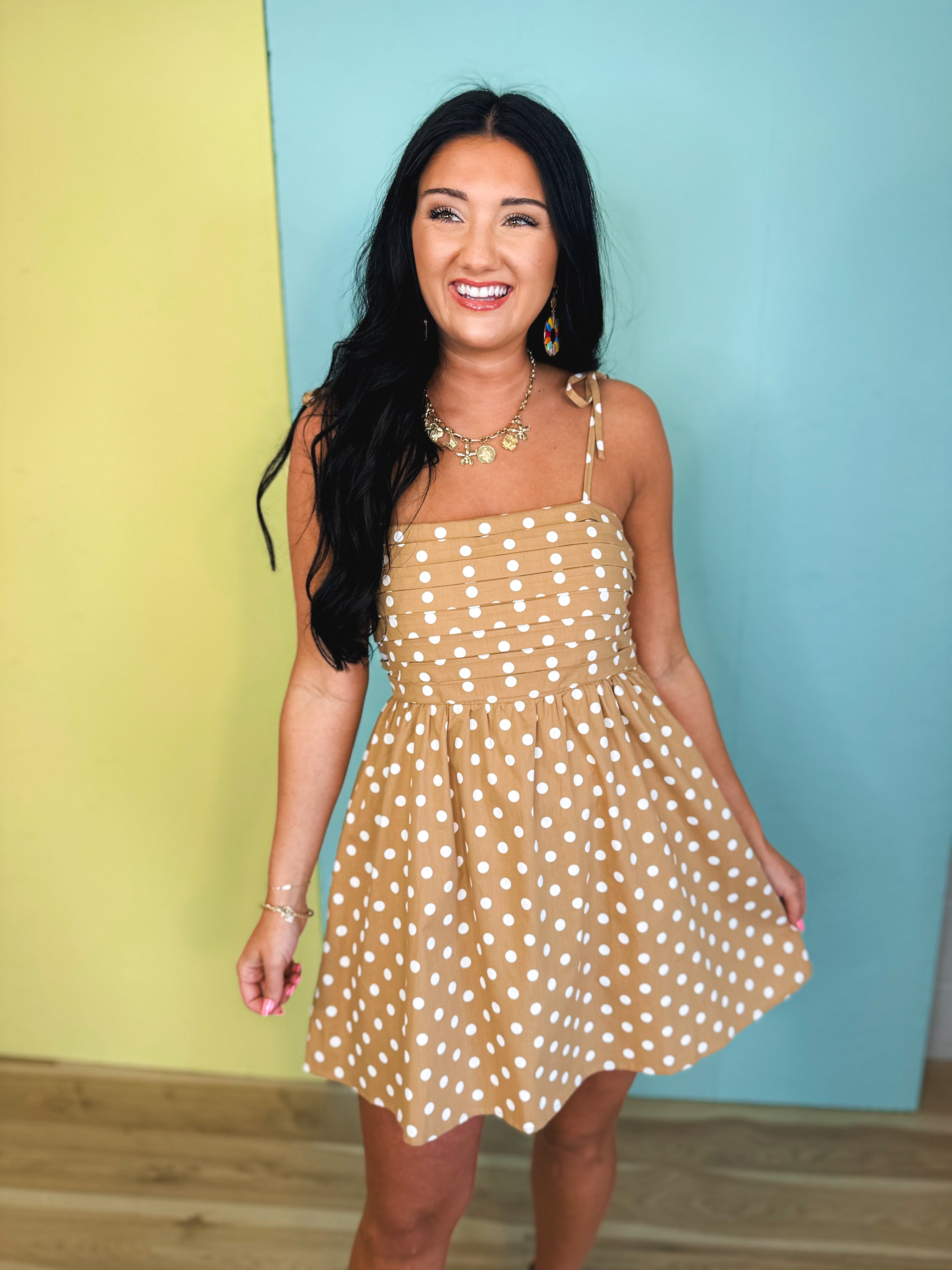 Polka Dot Pleated Mini Dress - Mocha - Lace and Grace Boutique