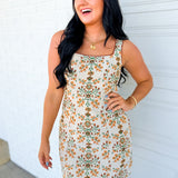Vintage Floral Tapestry Printed Mini Dress - Cream