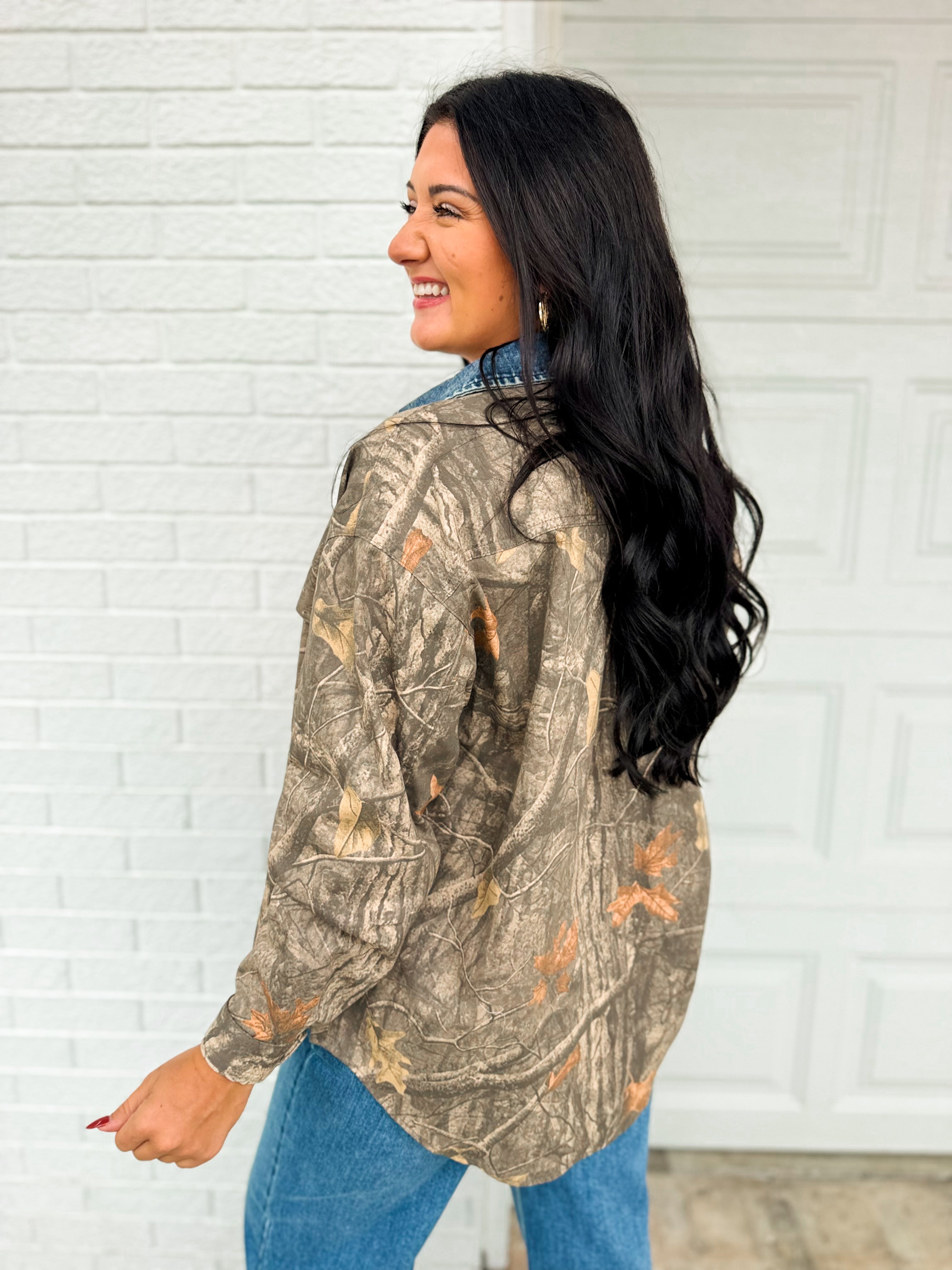Camo Print Denim Collar Button Up Shacket - Grey Multi - Lace and Grace Boutique
