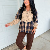 Floral & Plaid Patchwork Button Down Top - Navy Combo
