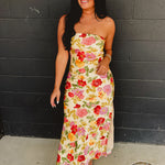 Strapless Bias Cut Satin Maxi Dress - Garden Multi - Lace and Grace Boutique