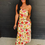 Strapless Bias Cut Satin Maxi Dress - Garden Multi - Lace and Grace Boutique