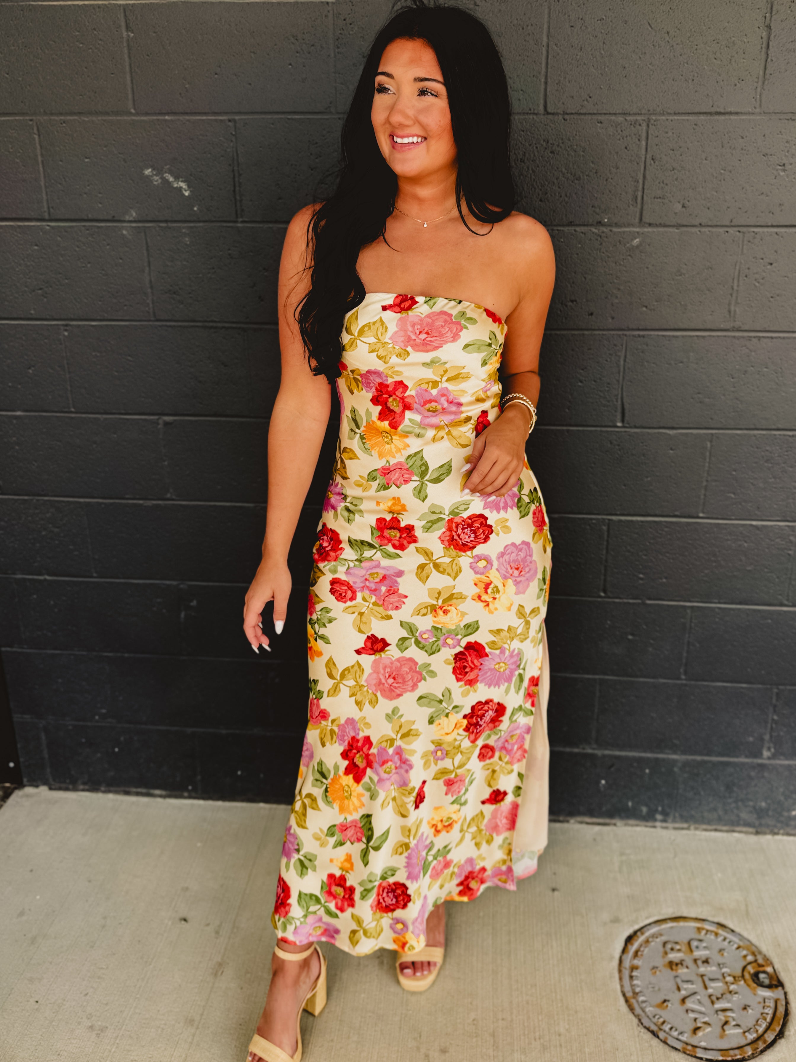 Strapless Bias Cut Satin Maxi Dress - Garden Multi - Lace and Grace Boutique
