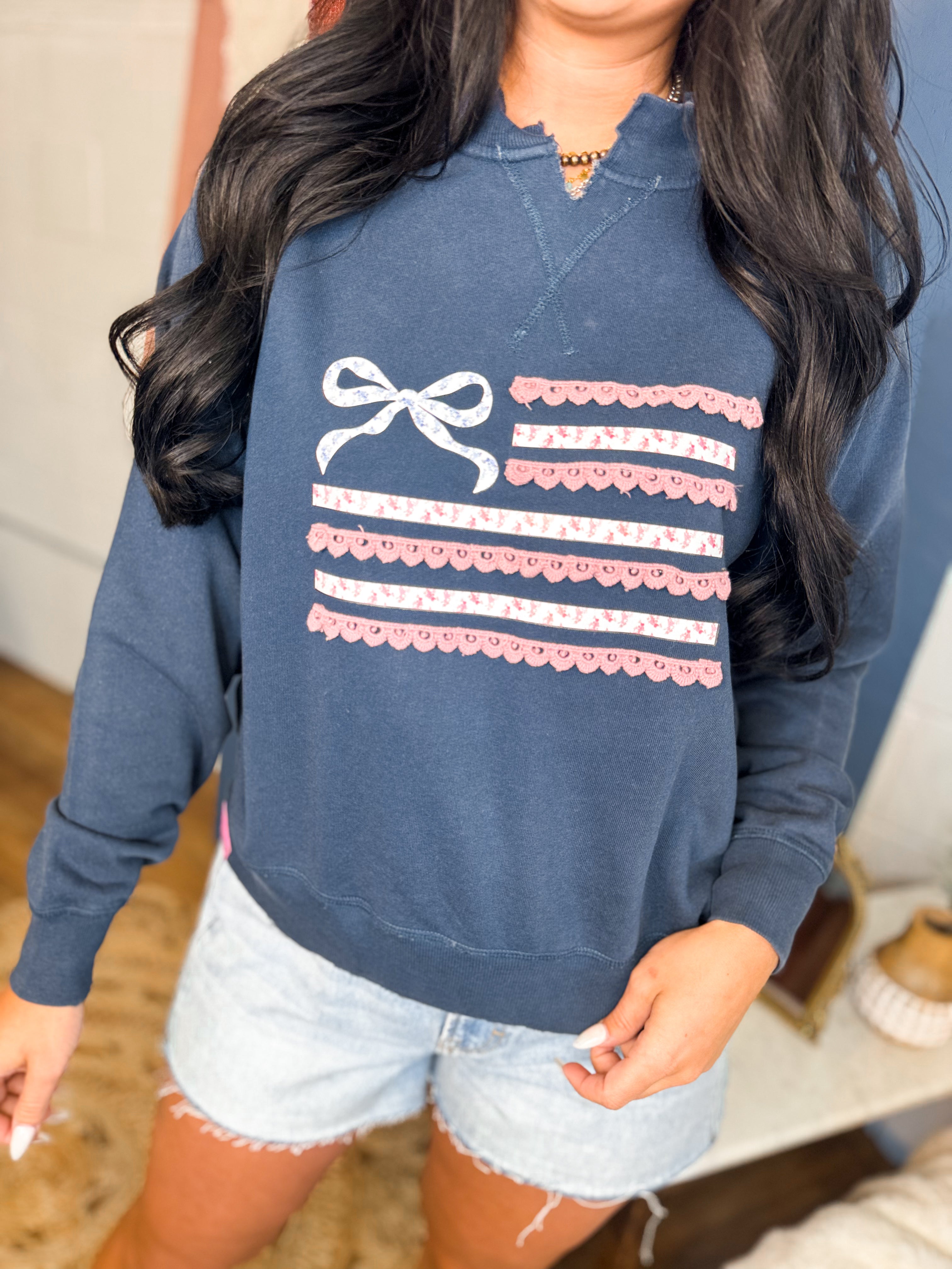 Simply Southern Ribbon Flag Crewneck Sweatshirt - Navy - Lace and Grace Boutique