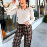 Checkered Plaid Printed Relaxed Wide Leg Pants - Brown