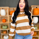 Striped Drop Shoulder Knit Sweater - Deep Camel - Lace and Grace Boutique