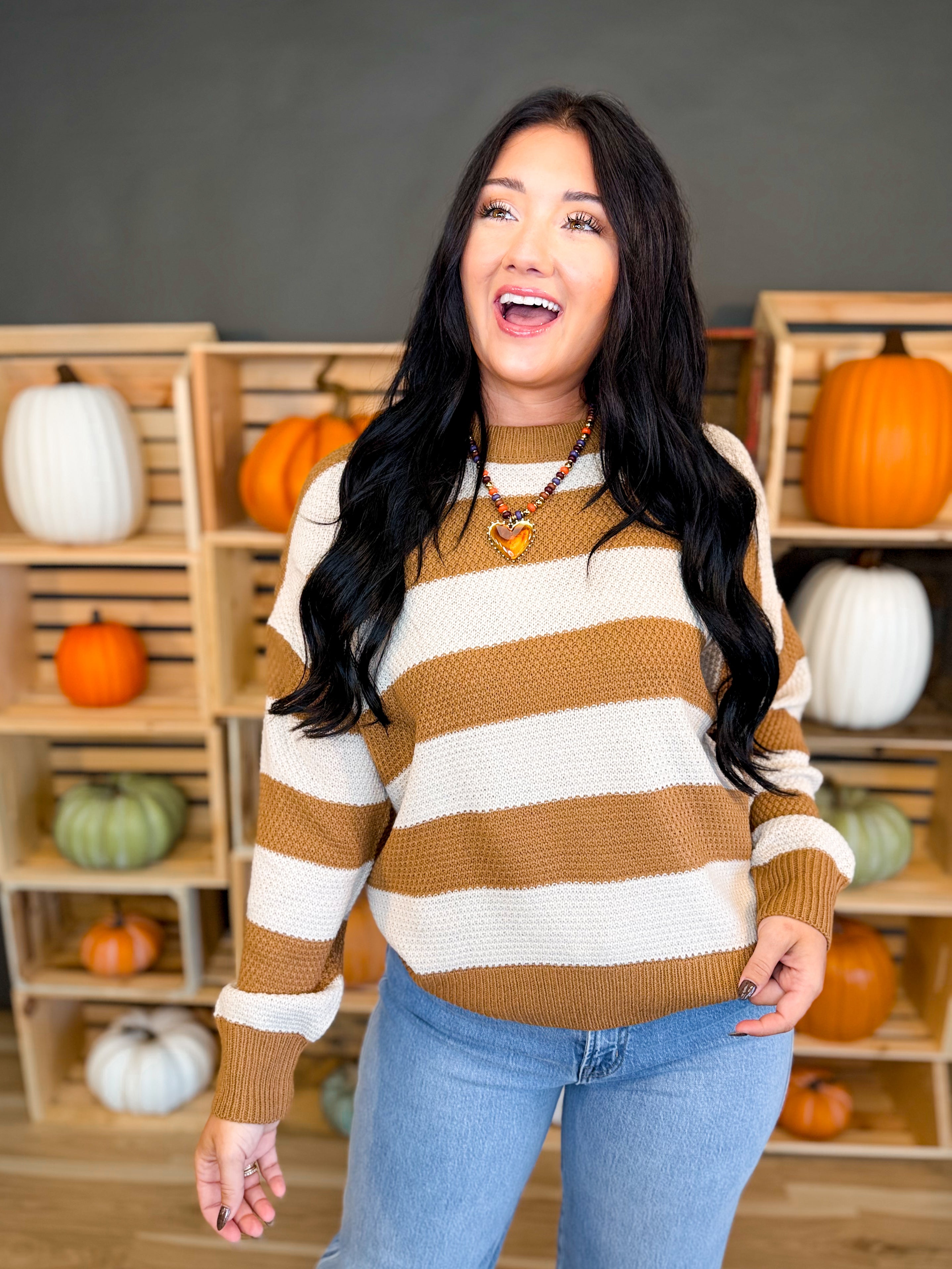 Striped Drop Shoulder Knit Sweater - Deep Camel - Lace and Grace Boutique