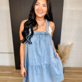 Tiered Overall Denim Dress - Dusty Blue