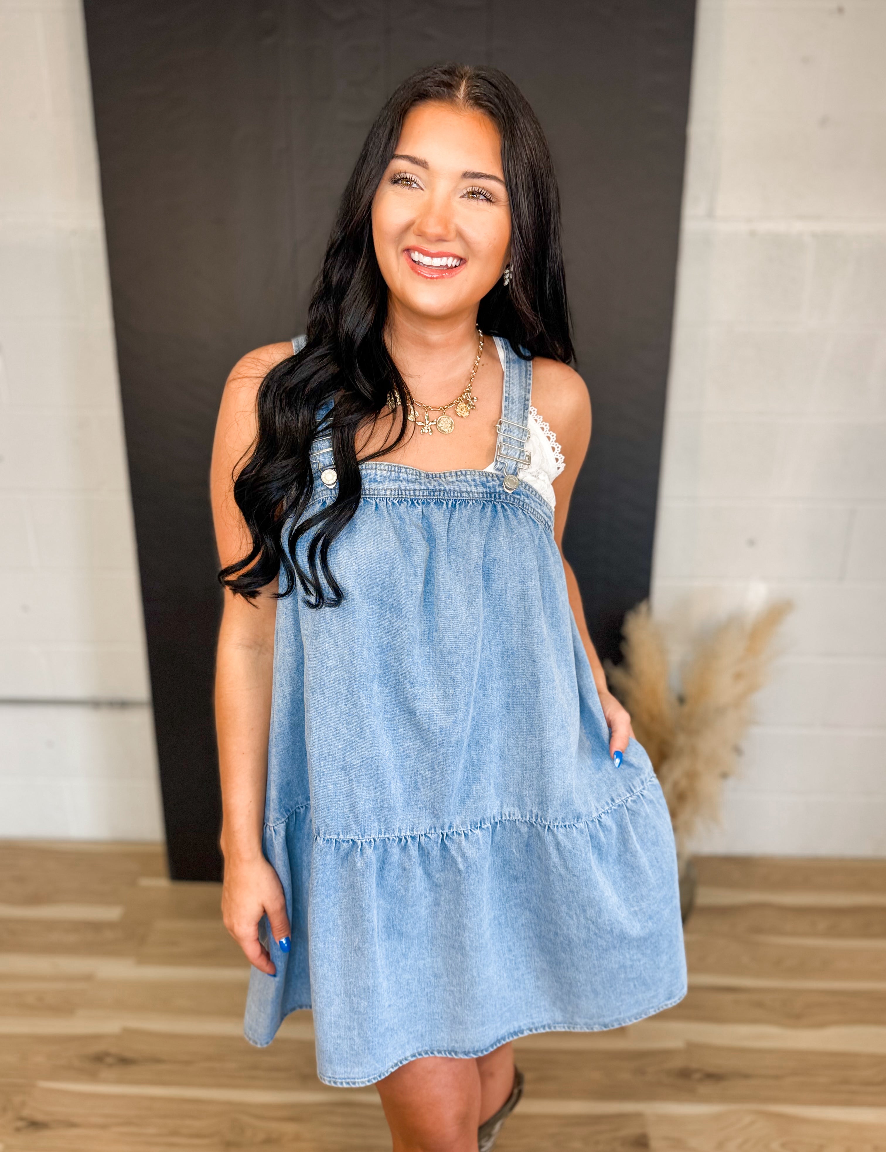 Tiered Overall Denim Dress - Dusty Blue