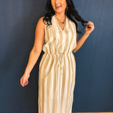 Striped Drawstring Maxi Dress - Off White/Taupe