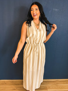 Striped Drawstring Maxi Dress - Off White/Taupe - Lace and Grace Boutique