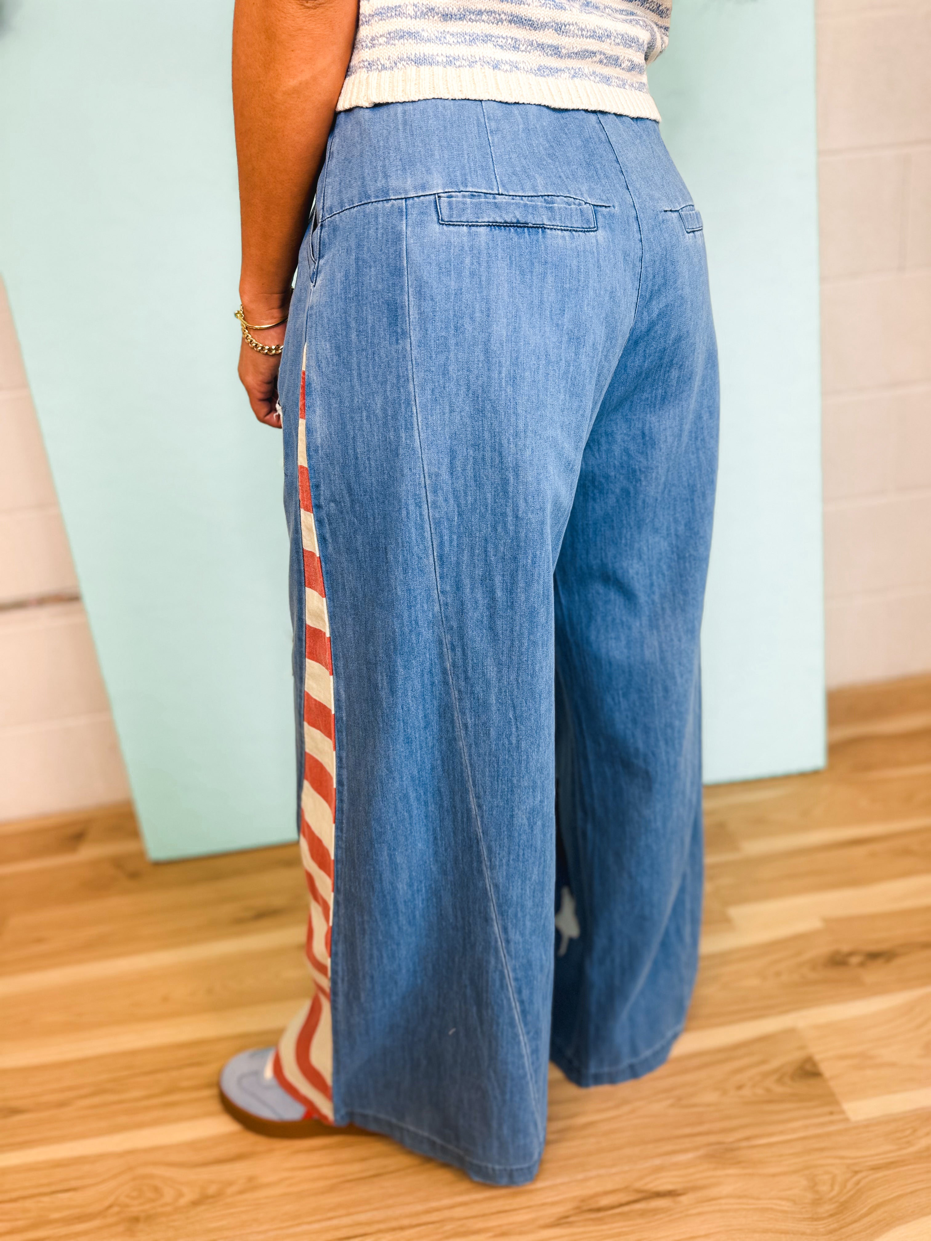 Vintage Wash American Flag Wide Leg Chambray Pants - Lace and Grace Boutique