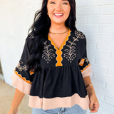 Embroidered Color Block Oversized Blouse - Black Combo