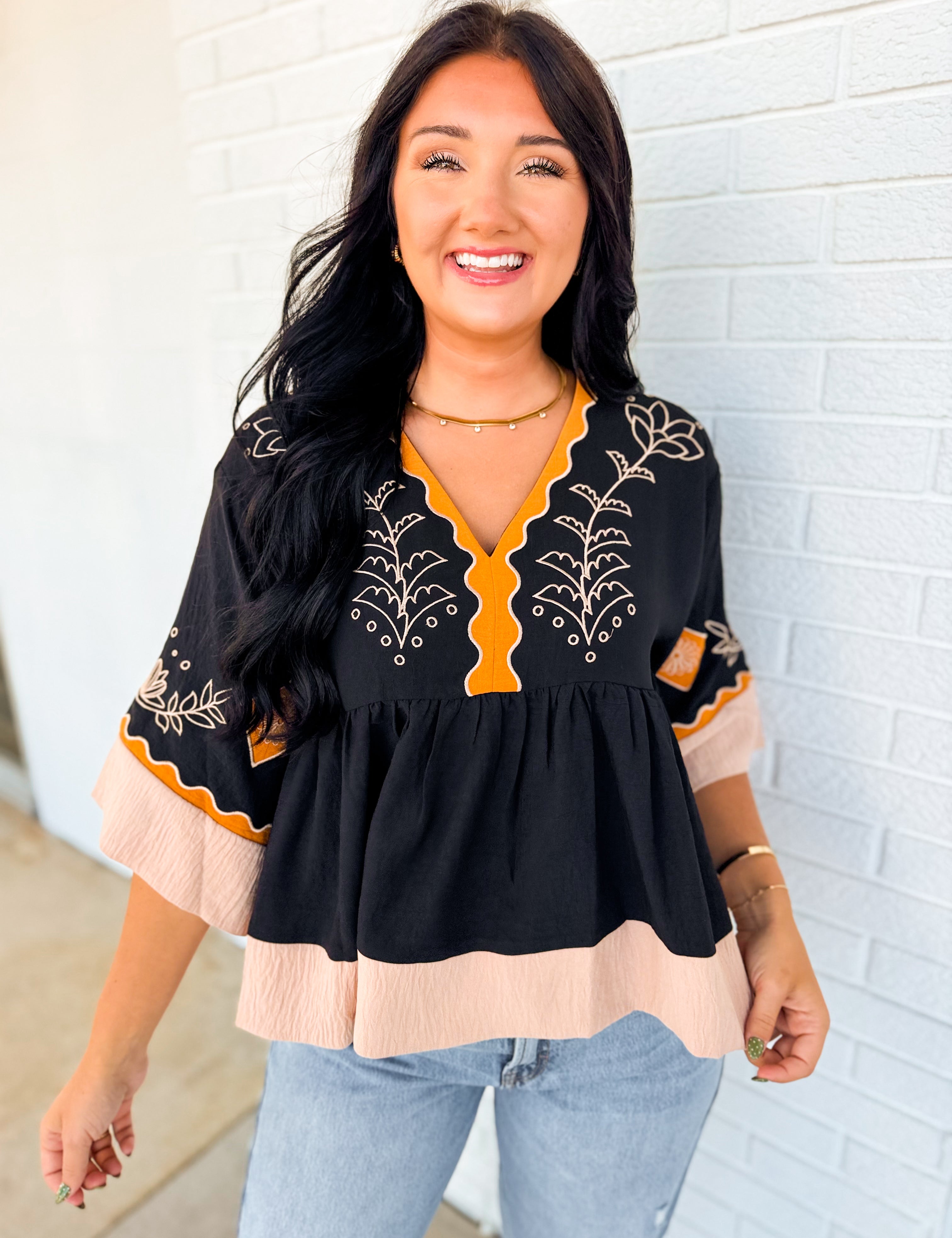 Embroidered Color Block Oversized Blouse - Black Combo - Lace and Grace Boutique