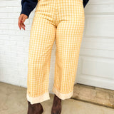 Gingham Printed Rolled Up Barrel Pants - Light Yellow - Lace and Grace Boutique