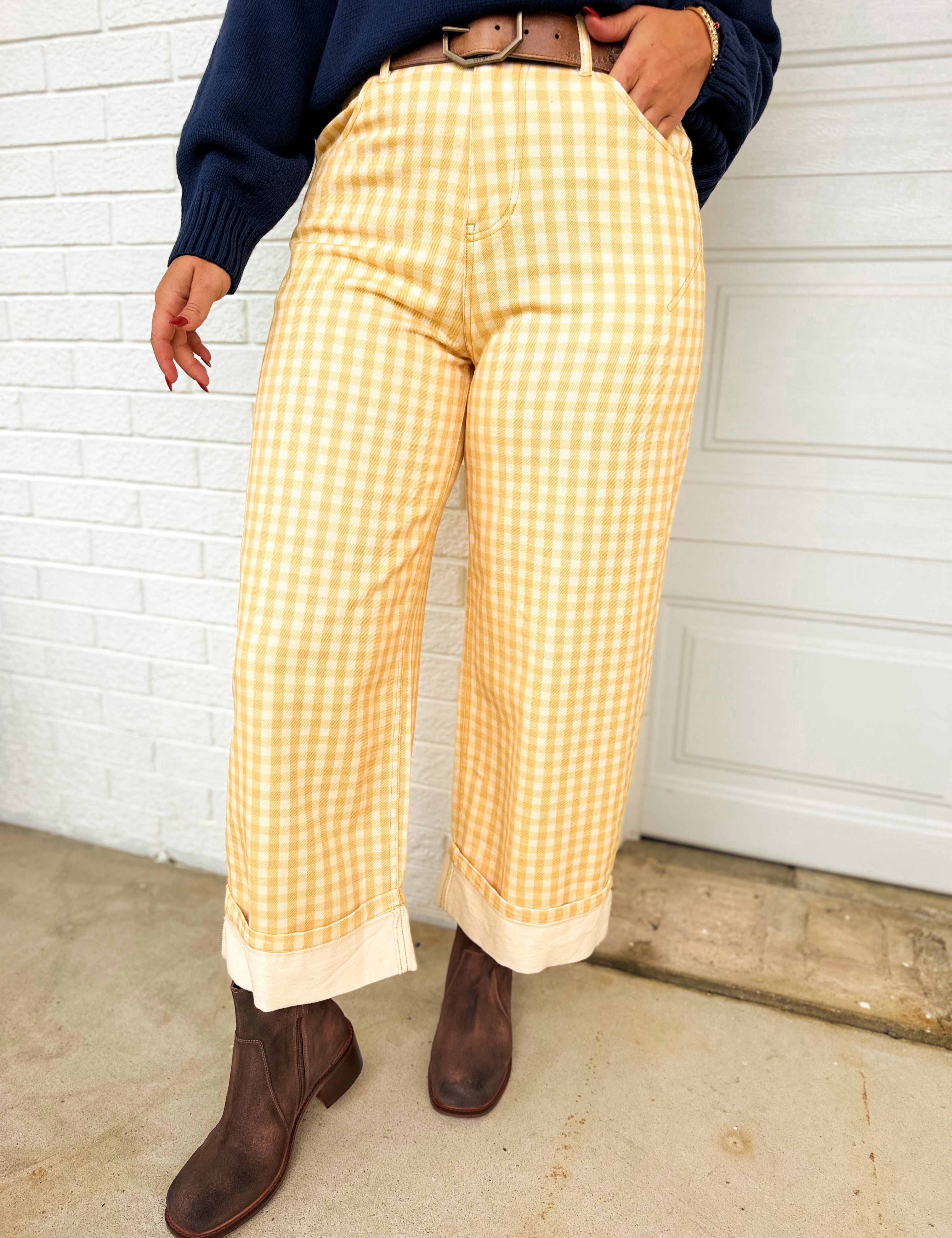 Gingham Printed Rolled Up Barrel Pants - Light Yellow - Lace and Grace Boutique