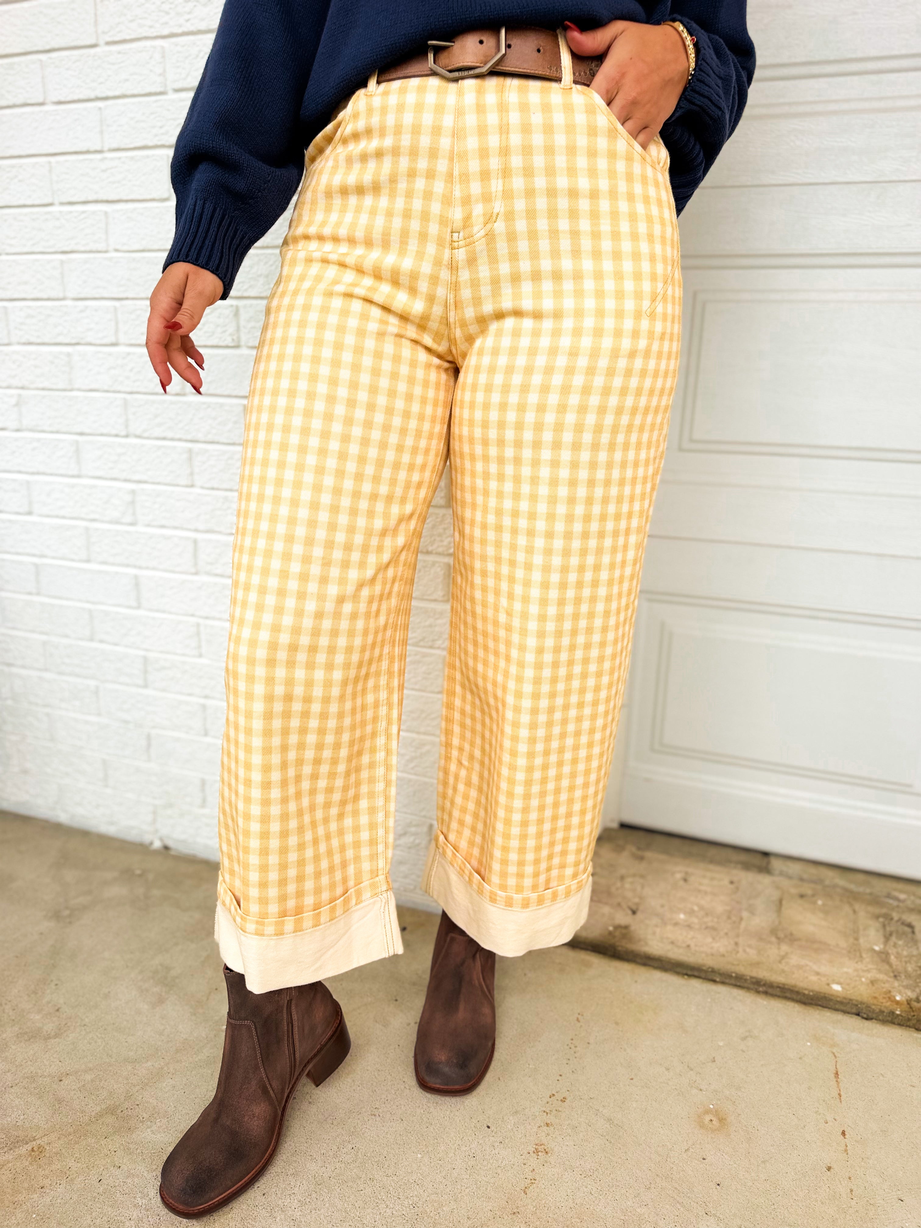 Gingham Printed Rolled Up Barrel Pants - Light Yellow - Lace and Grace Boutique
