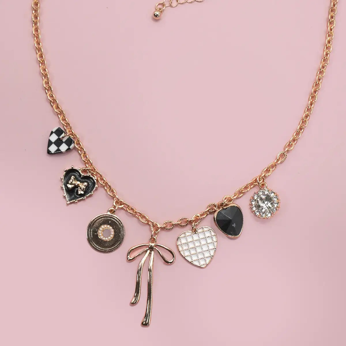 Charm Necklace - Bow, Checker, & Heart - Lace and Grace Boutique